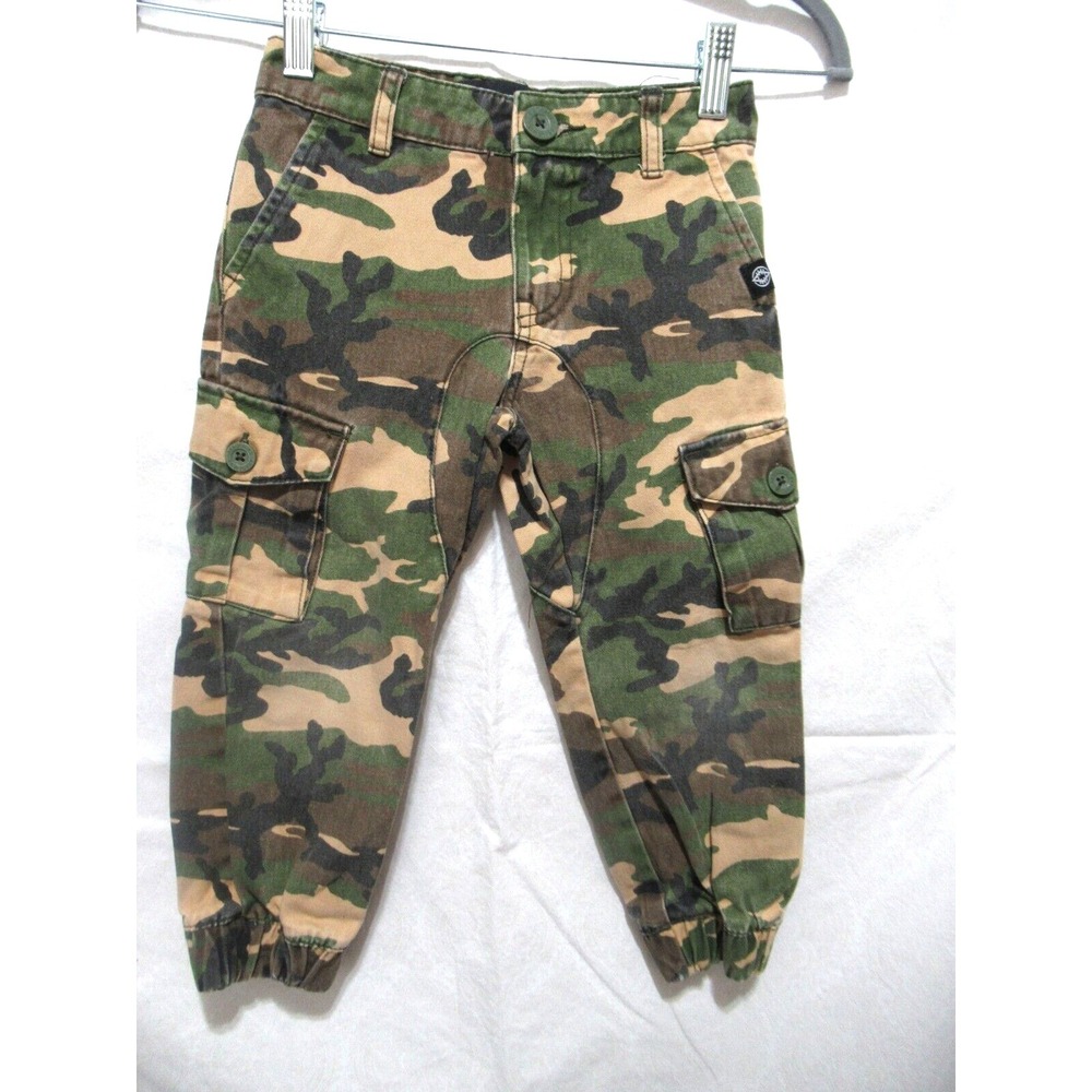 akademiks Toddler Size 4 Green Tan & Black Camouflage Denim Cargo Joggers EUC